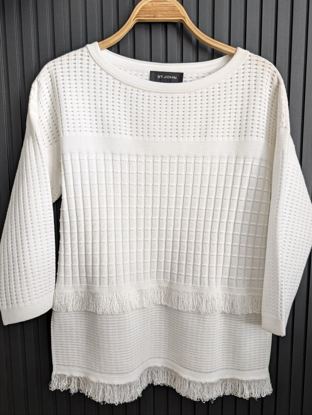 St. John White Textured Grid Knit Sweater with Fringe Trim Size Petite P